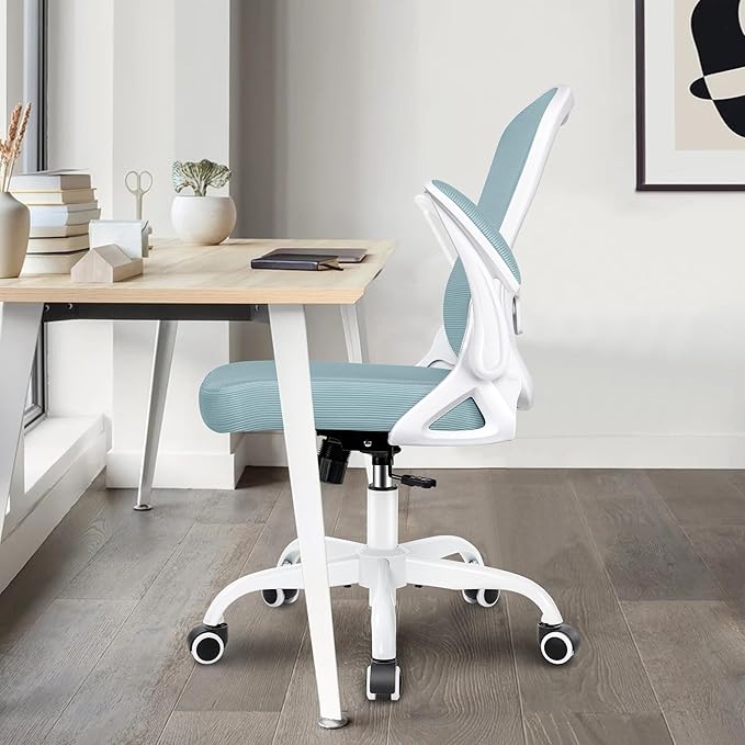 Winrise Ergonomic Office Chair, Mesh Desk Chair with Adjustable Lumbar Support, Flip-Up Armrests, Mid-Back Computer Swivel Task Rolling Chair, Light Blue