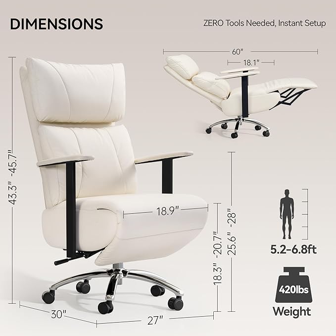 OKUP Reclining Office Chair with Adjustable Headrest and Footrest, 170° Ergonomic Comfortable Office Chair Zero Gravity, Leather Executive Home Office Desk Chair (Cream)