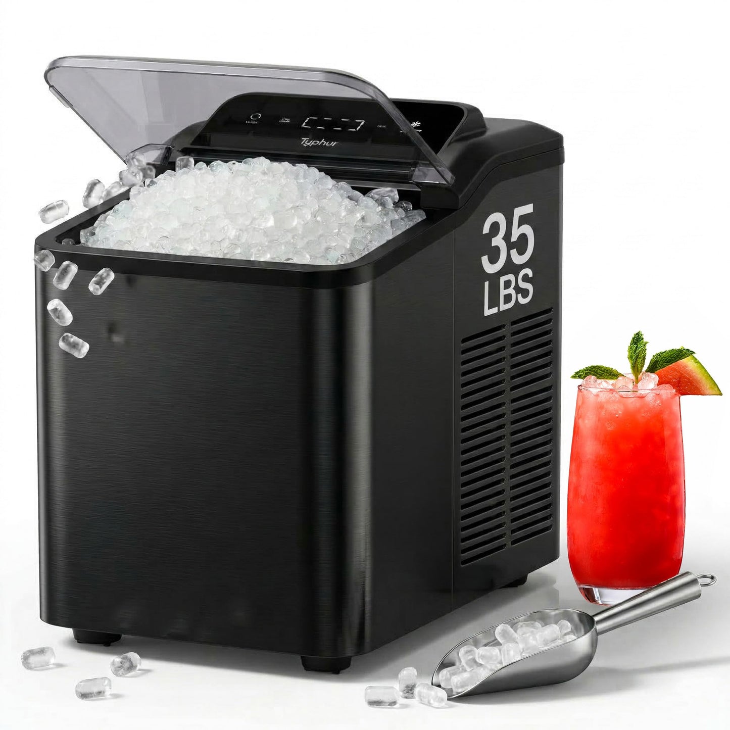 Typhur Fast Nugget Ice Maker Countertop, Chewable Pebble & Pellet Ice Machine with Self-Cleaning Pump & 8-Pack Cleaners, 35lbs/24H Crushed Ice for Kitchen, Bar, RV, Outdoor (Black Stainless Steel)