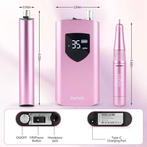 Lavinda Nail Drill 35000 RPM, Cordless Rechargeable Electric Nail File Machine, Professional Efile for Acrylic Nails, Gel Polish, Cuticle Removal, Home and Salon (Pink)