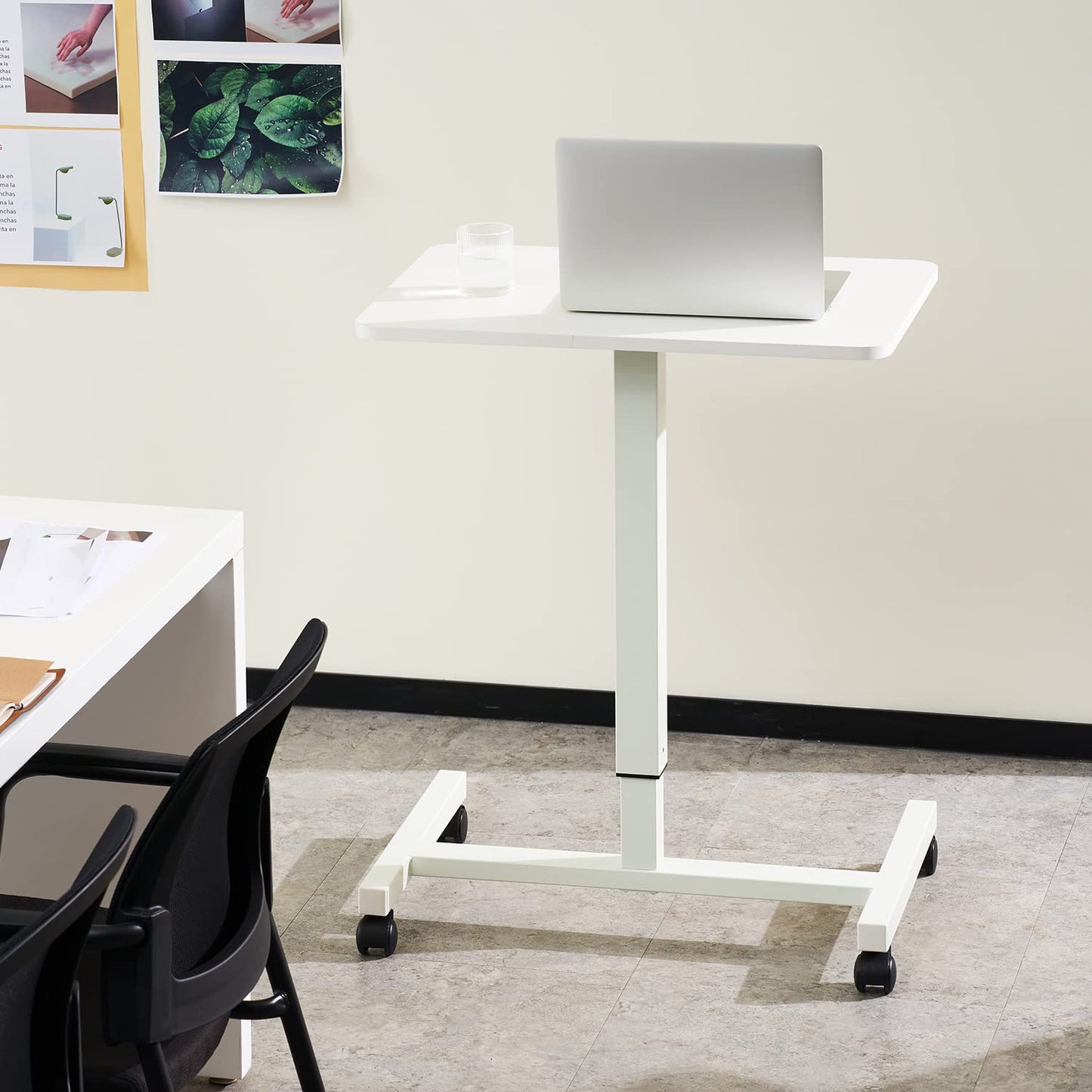 CLATINA Round Edge Design Elegant Mobile Laptop Desk Pneumatic Sit to Stand Table, Height Adjustable Rolling Cart with Lockable Wheels for Home Office Computer Workstation, 28" x 19" White