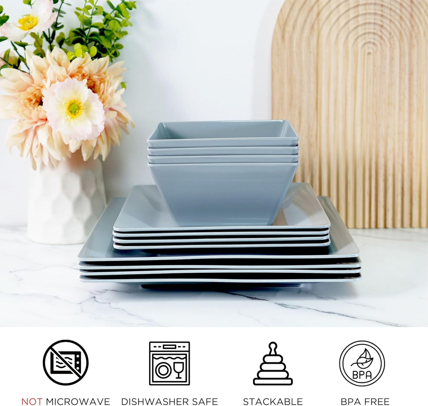 TP 12-Piece Dinnerware Set, Melamine Dishes Set with Bowls and Plates, Non-breakable and Lightweight Square Dinner Set for 4, Grey