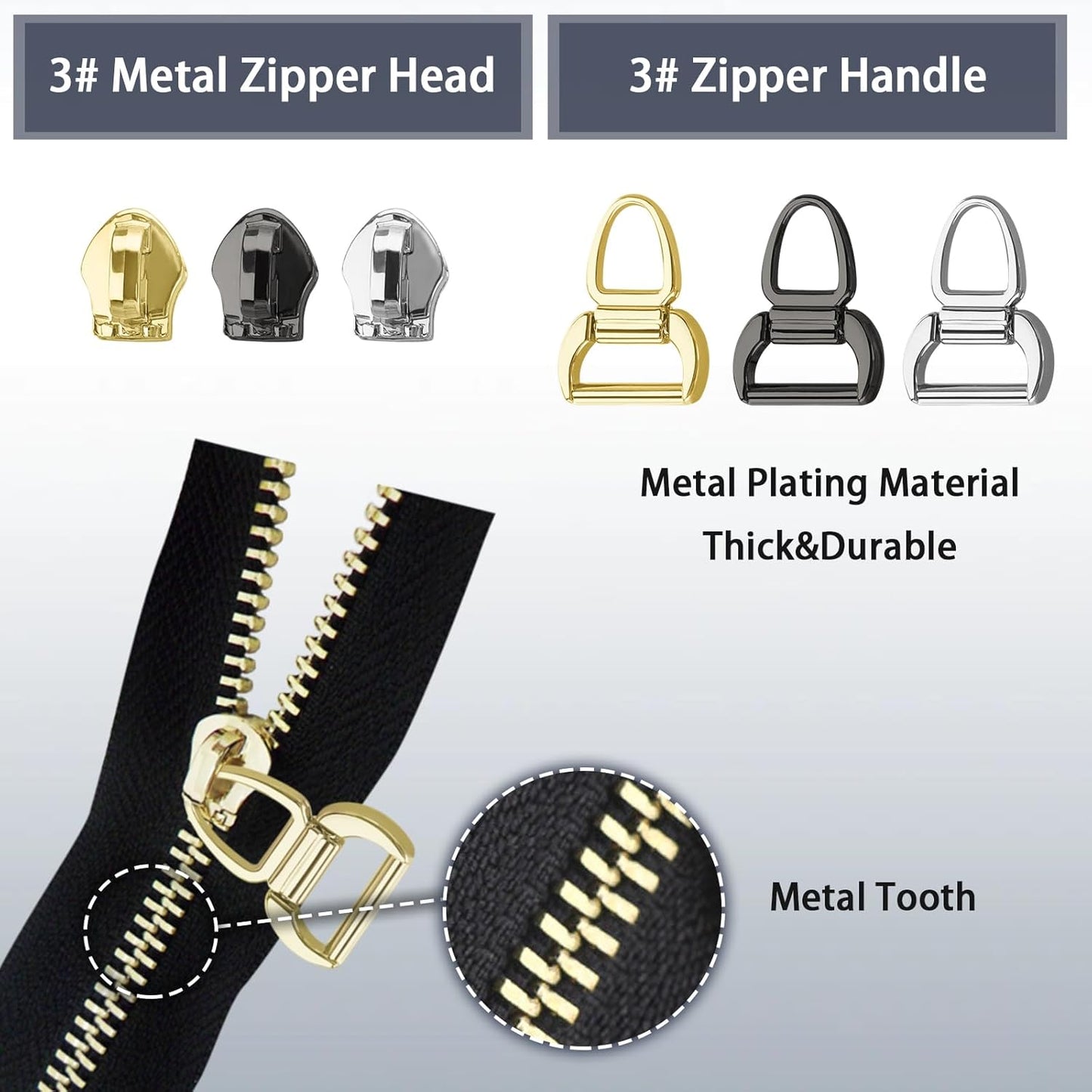 VICHERIA Zipper Repair Kit (45 Pcs), Universal Zippers for Sewing, Replacement Slider Pull Fix Kit for Jackets, Coat, Boot, Backpack, Purse (3#-B-9Pcs)