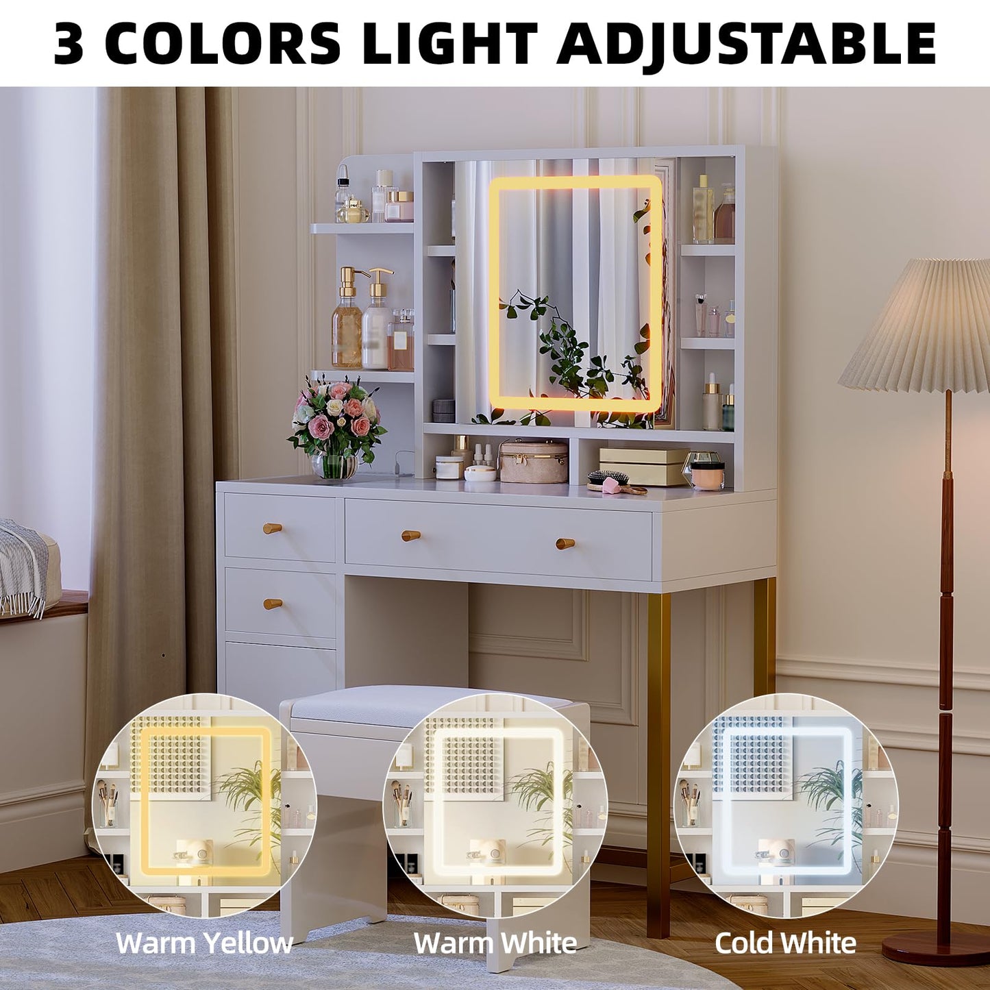 White Vanity Desk with LED Lighted Mirror & Power Outlet, 3 Lighting Modes, Brightness Adjustable Glass Top Makeup Table for Bedroom, White and Gold Dressing Table for Women – Beauty Station & Organiz