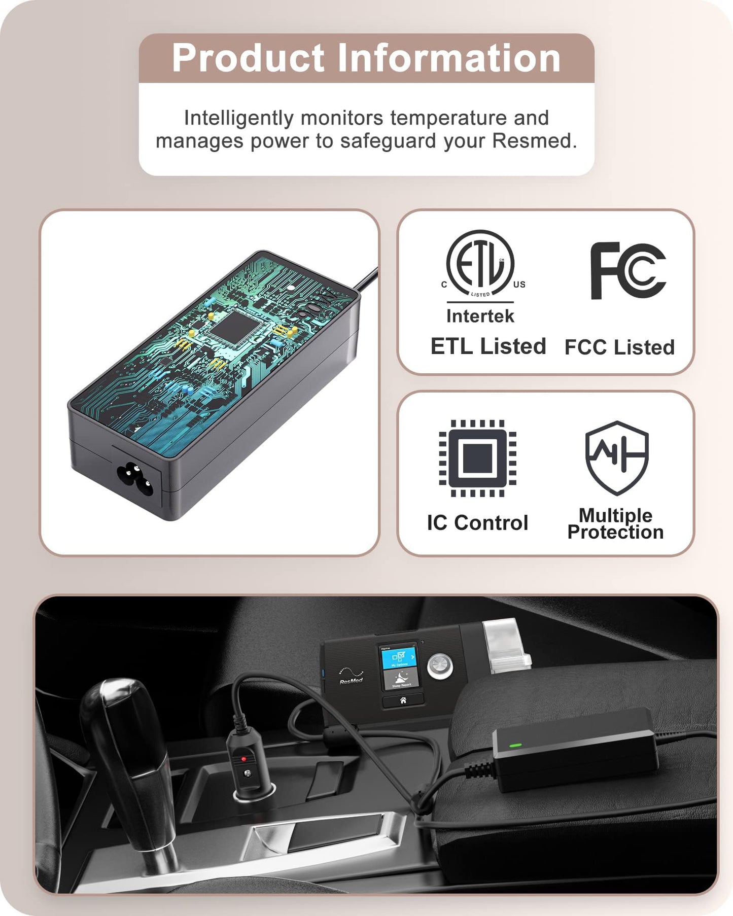 VHBW CPAP Power Cord Compatible with Resmed Airsense 10 Power Supply, Compatible with ResMed Airsense 10 S10 AirCurve 10 Series CPAP and BiPAP Machine, Car Charger 24V 3.75A 90W Airsense Adapter
