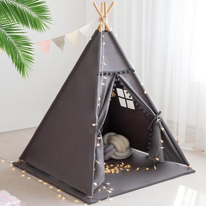 RONGFA Teepee Tent for Kids with Mat, Star Lights, Carry Case, Cotton Canvas Playhouse, Foldable Tents, Portable Children ...