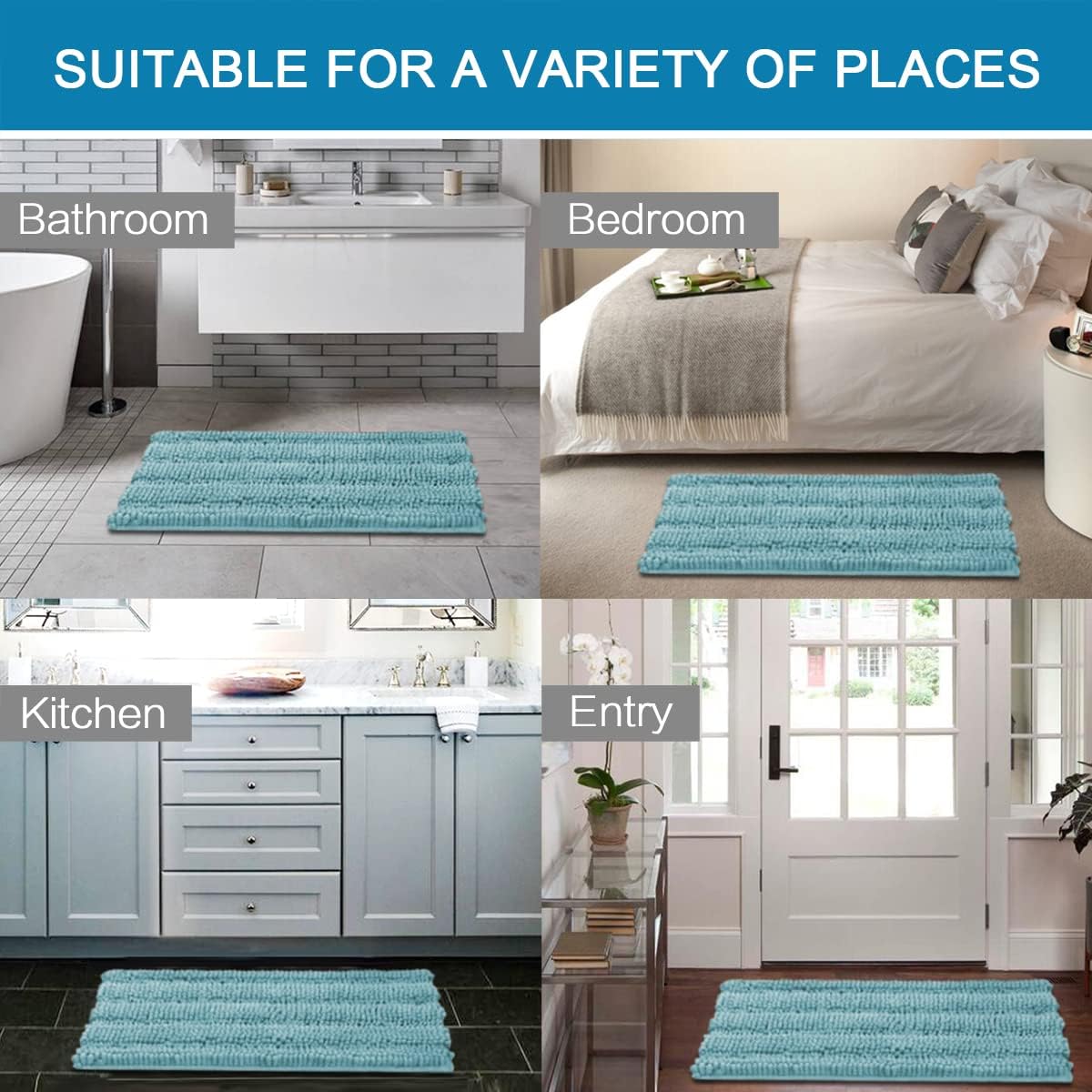 H.VERSAILTEX Bath Mats for Bathroom Non Slip Extra Thick Chenille Striped Bath Rug 24" x 36" Absorbent Non Skid Fluffy Soft Shaggy Rugs Washable Plush Mats for Indoor, Bath Room, Tub - Aqua Haze