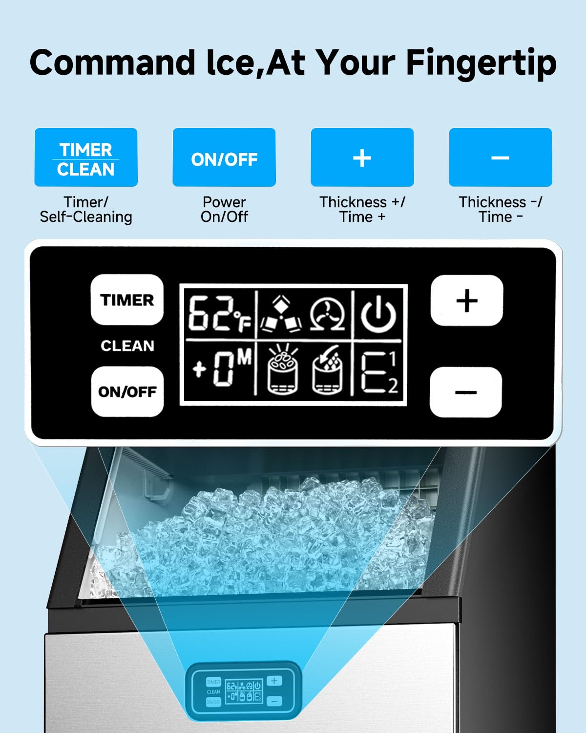 Feelfunn Commercial Ice Maker Machine - 150 LBS/24H, 33lbs Storage Capacity, Stainless Steel Freestanding & Under Counter Ice Maker with Self-Cleaning, 24H Timer, Ideal for Home Bar Office Restaurant