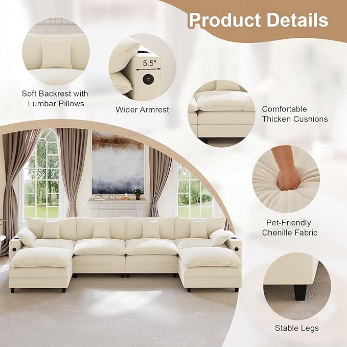 KCGKCG 152" Modular Sectional Sofa, U Shaped Cloud Couch with Movable Ottoman, Chenille Deep Seat Cloud Sofa with Charging Station, Cup Holder, Side Pocket, Sectional Couches for Living Room, Beige