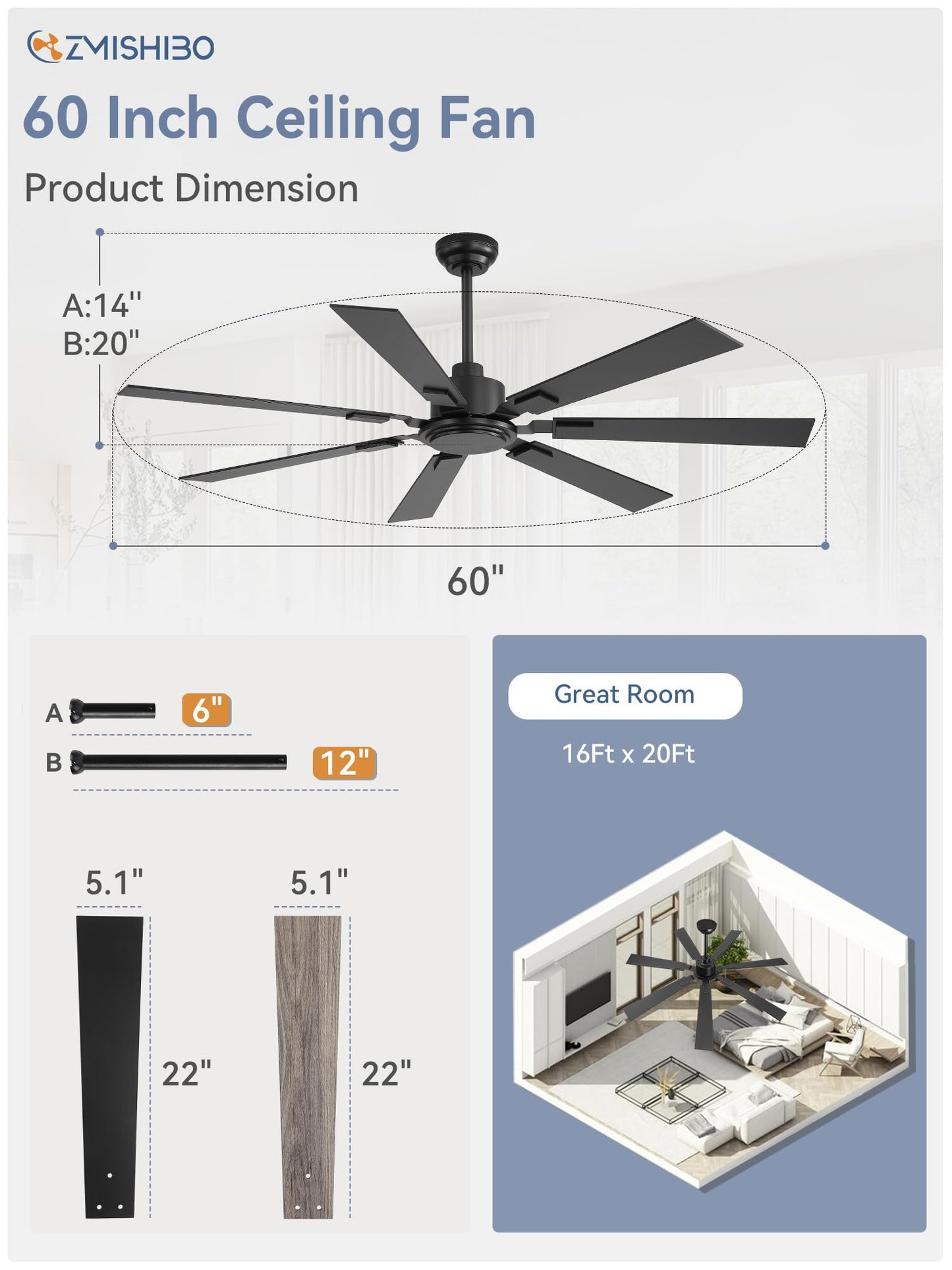 ZMISHIBO 60" Ceiling Fans No Light with Remote, Black Modern Ceiling Fan Without Light, Quiet Reversible DC Motor, 6 Speeds, 7 Blades Indoor/Outdoor Ceiling Fan for Living Room Bedroom Patio Garage