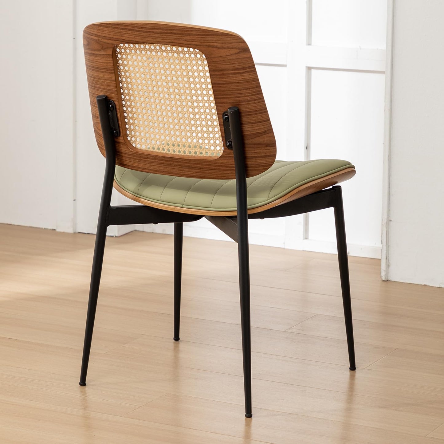 YOUUGIOR Rattan Dining Room Chairs Set of 4,Mid Century Modern Green PU Leather Kitchen Chair,Upholstered Seat Metal Legs Chairs with Adjustable Foot Pads,Walnut Armless Side Chairs