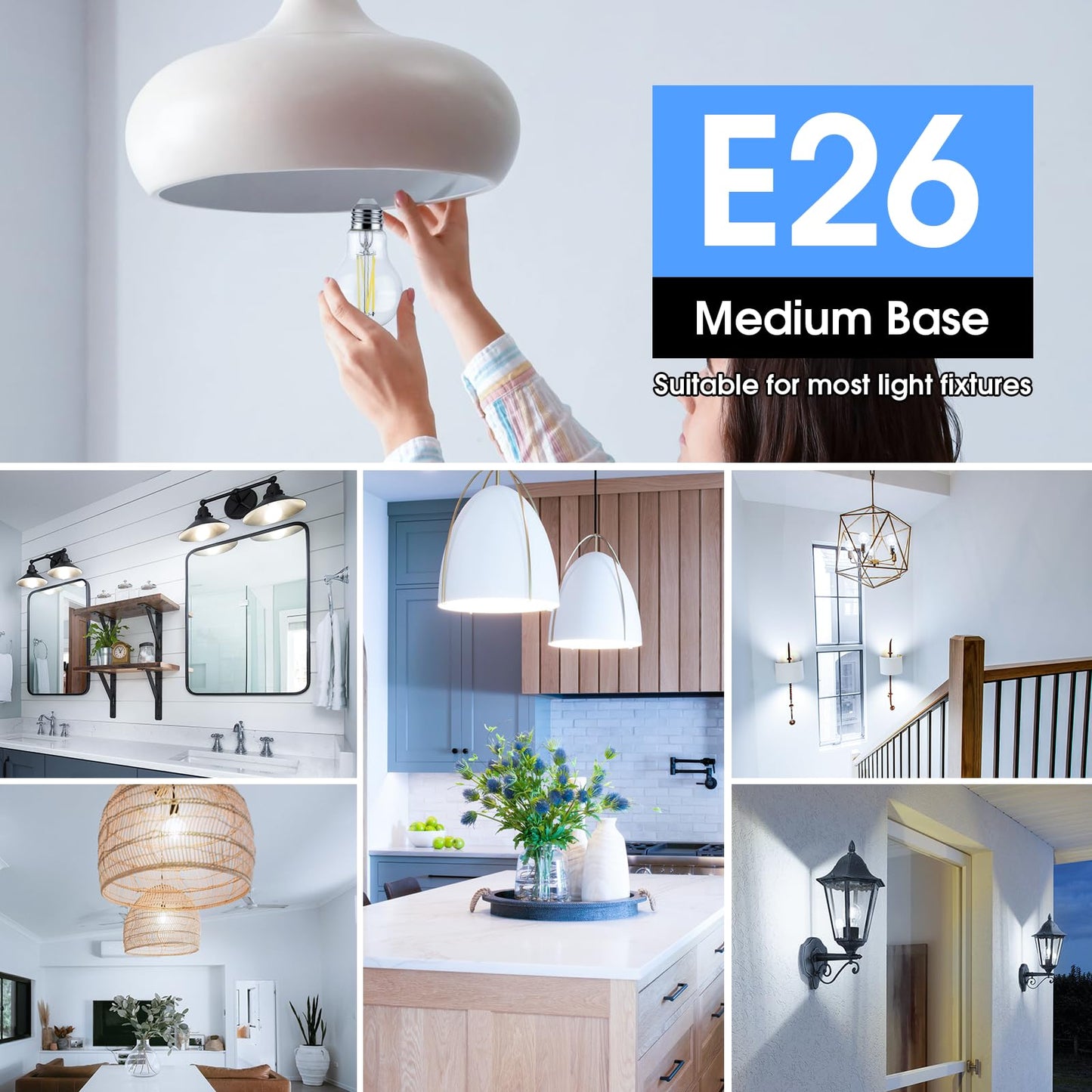 MAXvolador 60W Equivalent E26 LED Filament Light Bulbs, 850LM Daylight White 5000K LED Edison Bulb, Non-Dimmable 6W A19 LED Bulb Medium Base, 4-Pack