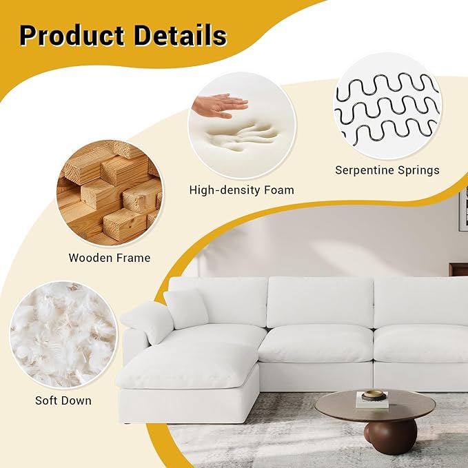 Cloud White Modular Couch for Living Room,5 Seat V Shape Linen Blend Sofas,Modern Deep Seat Cloud Sofas,Convertible Comfort Down Filled Sectional Couches,Removable Washable Cushion Covers