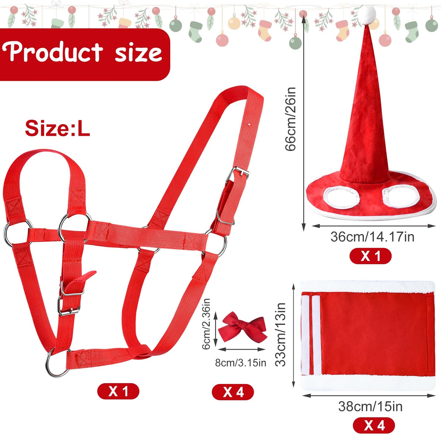 Andy's 10 PCS Xmas Horse Costume Set - Red Santa Hat, Leg Wraps, Halter, Bow Ties For Horse Tails