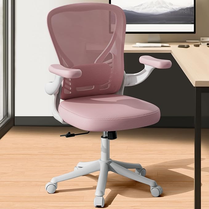Ollega Computer Desk Chair with Wheels, Mesh Office Chair with Flip Up Arms, Adjustable Lumbar Support, Swivel Desk Chair Comfy, Pink
