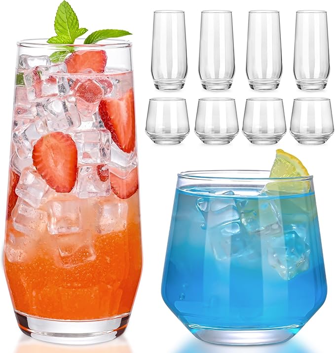 ZMOWIPDL Drinking Glasses Set of 8,Clear 13 oz & 18oz Crystal Glass Cups,Drinkware Glassware,Highball Water Tumbler,Short ...