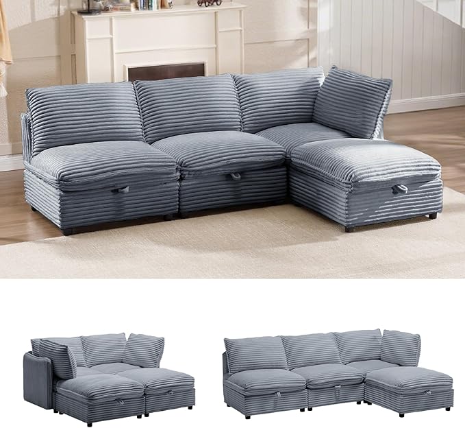 FIRLZY 92" Modular Sectional 4 Seater Sofa with Removable Covers and Storage, Convertible L-Shaped and Sleeper Sectional, Modern Corduroy Couches with Ottoman Chaise for Living Room, Apartment, Gray
