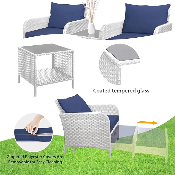 LEVELEVE Balcony Furniture 5 Piece Patio Conversation Set, PE Wicker Rattan Outdoor Lounge Chairs with Soft Cushions 2 Ottoman&Glass Table for Porch