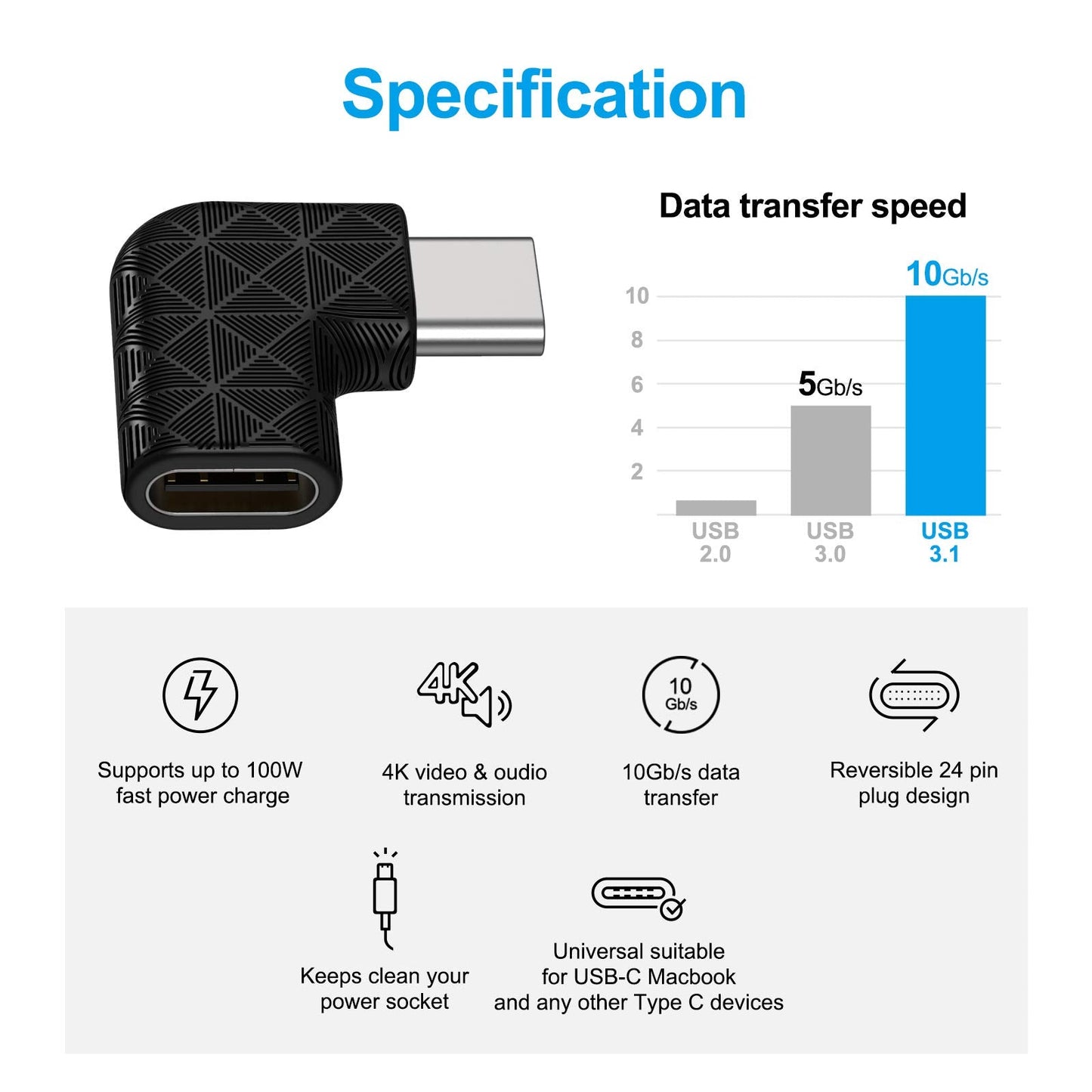 Usb C Right Angle Adapter,90 Degree Usb C To Usb Type-C Male To Female Adapter (3 Pack). Support Usb-C 3.1 Pd 100W Quick Charge