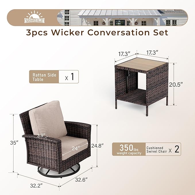 SUNSHINE VALLEY Patio Wicker Swivel Chairs Set of 2, Outdoor High Back Chairs with 5.5" Waterproof Cushions and Side Table, Outdoor Furniture Set for Deck Porch and Yard, Peacock Blue