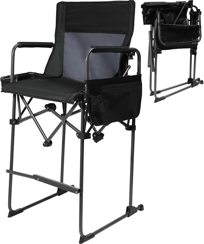 Stonehomy Portable 29" Seat Height Tall Folding Camping Chair High Foldable Directors Chair Bar Height Stool with Side Table and Storage Bag for Makeup Artist, Lawn,Craft Show,Supports 350LBS Black