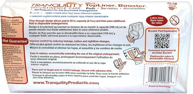 Tranquility TopLiner Disposable Booster Pads, Mini (10.5" x 2.75") Flow-Through Design with Adhesive Strip for Max Absorption, Adult Unisex 100ct Case