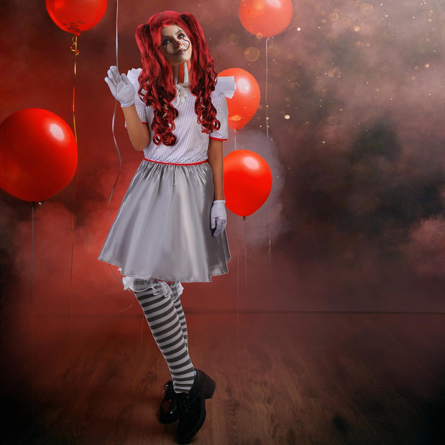 Toulite Halloween Carnevil Clown Costume for Women Clown Wig Dress up Clown Costume for Halloween Scary Cosplay Party (Large), White