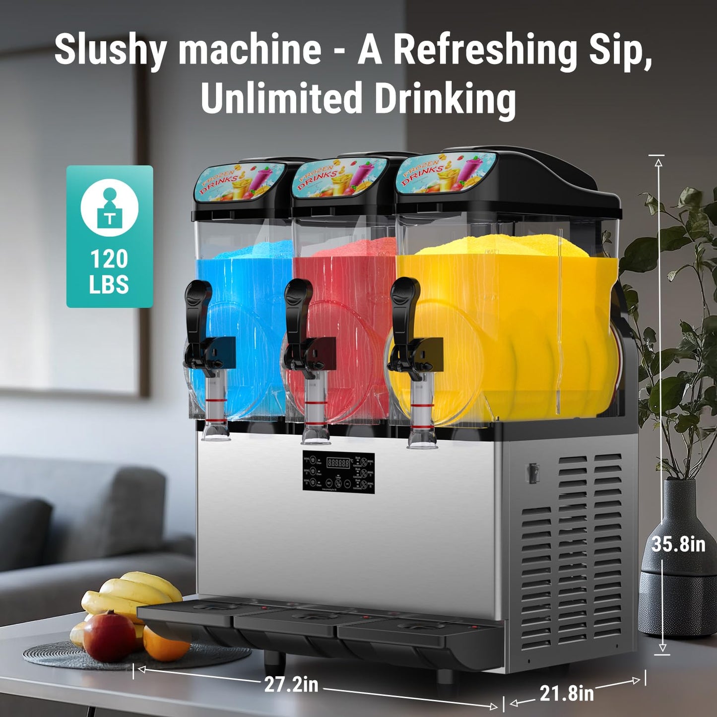 45L Commercial Slushy Machine with LED Light, 15L×3 Tanks Commercial Frozen Drink Machine, Stainless Steel Margarita Slushie Maker, Quick Making, for Wine Cocktails, Daiquiri Juice, Coffee