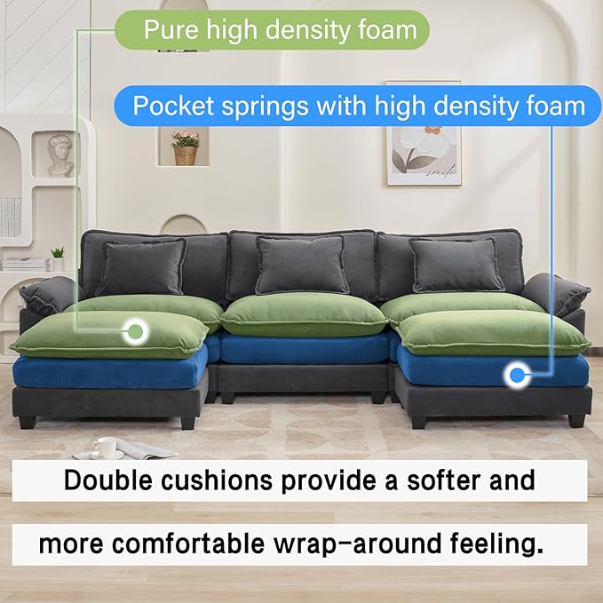Oprisen 120" Modular Sectional Sofa, Comfy Cloud Couch Sectional Sofa with Ottoman, Chenille Sofa Sleeper Deep Seat Sofa with Throw Pillows for Living Room (Blue Gray, 120"- U Shape)