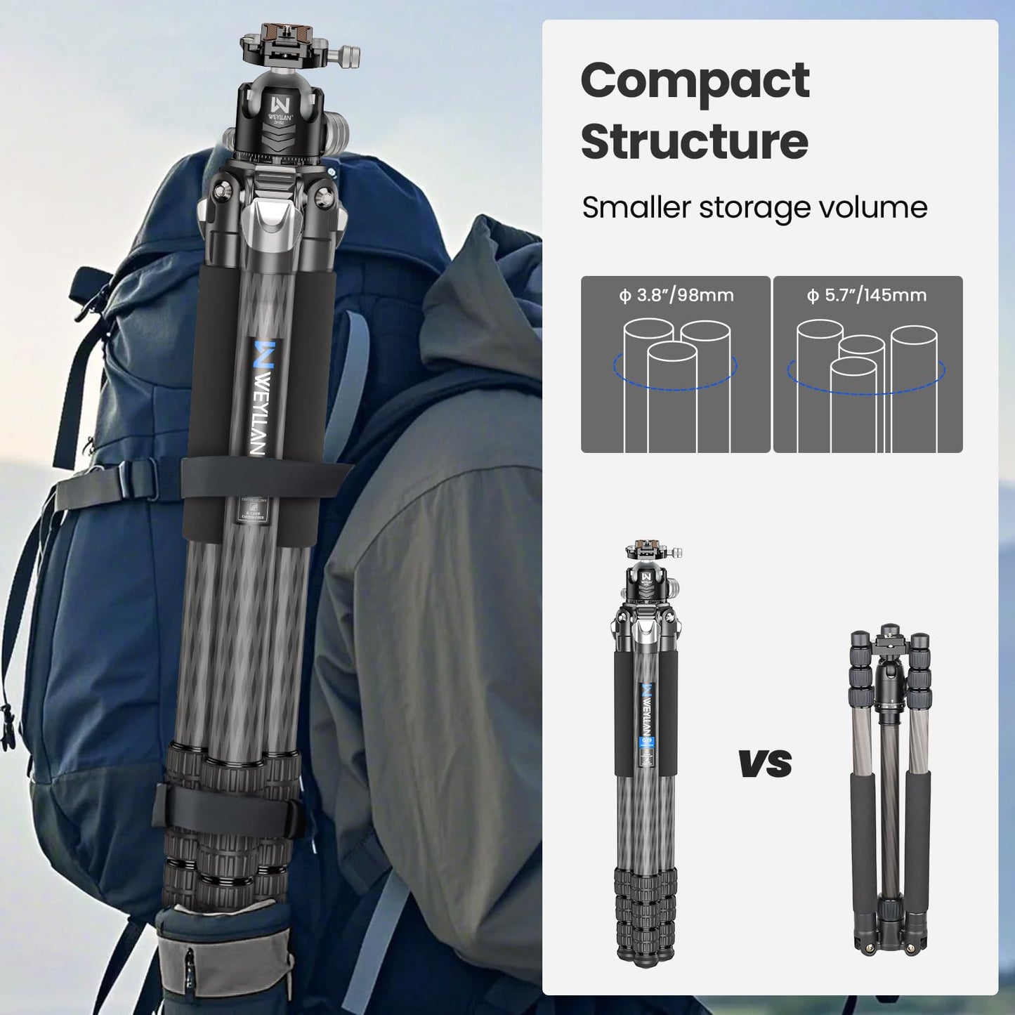 85'' Tripod Carbon Fiber, Heavy Duty Tripod for Camera, Professional Camera Tripods Monopod with 52mm Ballhead, External Center Column Compact, WEYLLAN GX9 Max Tube 40mm for Dslr Camera Telephoto Lens