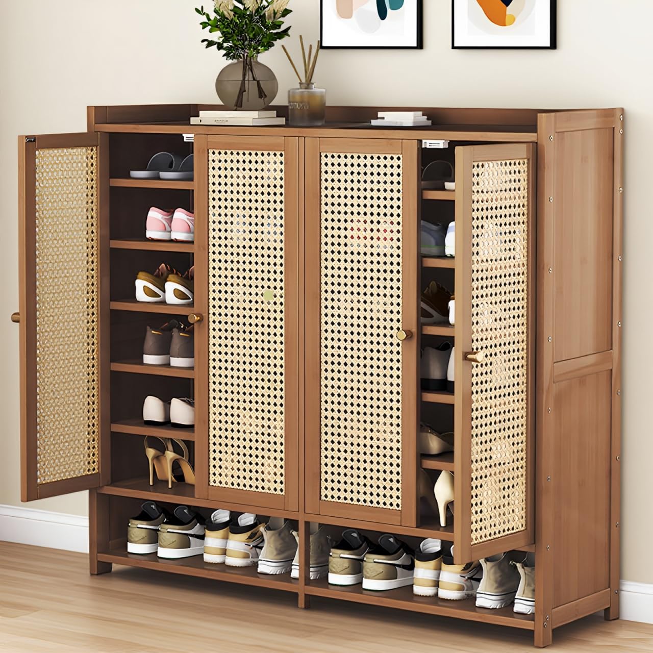 lyvcev Bamboo Shoe Cabinet with Doors, 8-Tier Shoe Rack for Closet, 36-40 Pairs Freestanding Shoe Storage Cabinet for Hallway Living Room (Brown)
