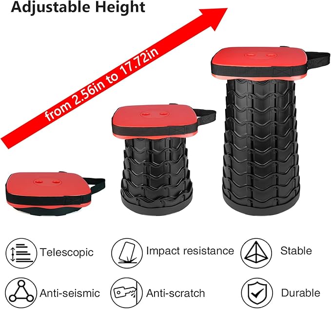 Outward Gear Upgraded Folding Stool Heavy Duty 550lbs Load Capacity Collapsible Portable Sturdy Telescopic Stool for Camping Travel Hiking (Red)