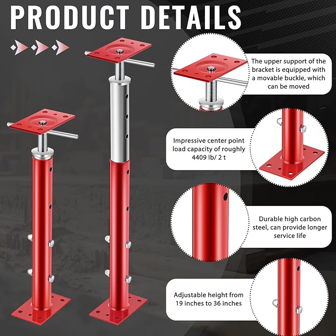 Yaocom 4 Pcs Adjustable Jack Post, 19"-36" Height Range, Basement Floor House Screw Jacks for Lifting Joist Beam Brace for Cellar Ceiling, Center Point Load Capacity 11023 Lbs (Red)