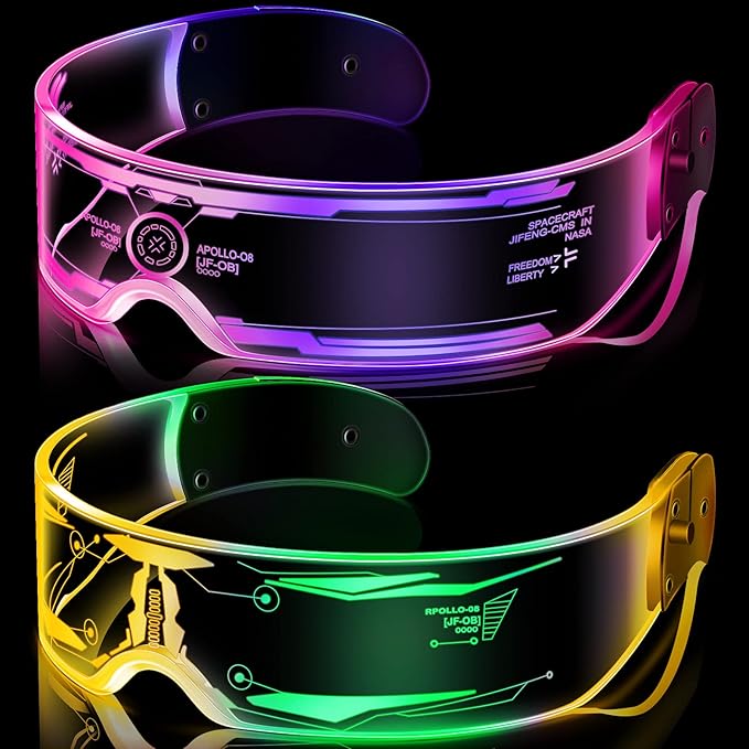 TOODOO 2 Pairs LED Visor Glasses 7 Colors Futuristic Glasses Light up Punk Accessories for Rave Party Costume