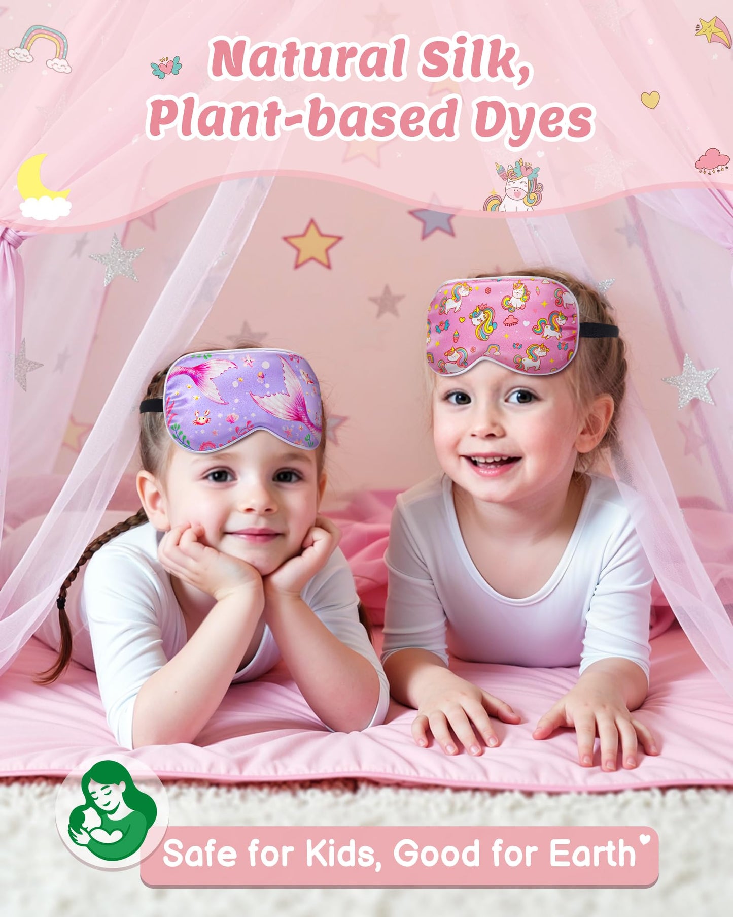 BeeVines Kids 100% Real Mulberry Silk Sleep Mask 2 Pack, Original Design Pure Silk Sleeping Eye Masks for Girls, Skin-friendly Blackout Eye Cover, Adjustable Strap, Reduce Puffy Eyes, for Travel Gifts