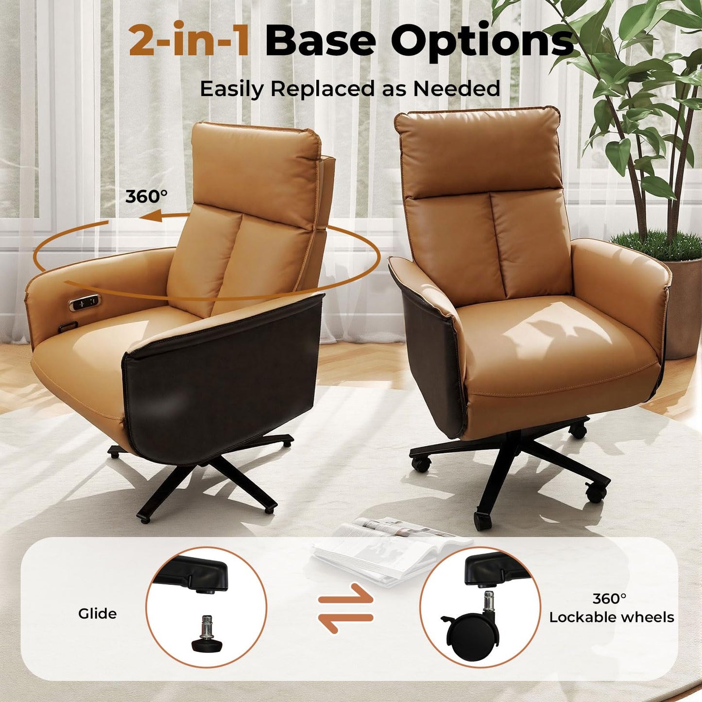 Liftsync Big and Tall Executive Recliner, Adjustable Electric Office Chair 90-155° with Footrest, 4-Position Headrest, 300LBS Heavy Duty, 2-in-1 Base Swivel Desk Chair w/USB, Brown & Black PU Leather