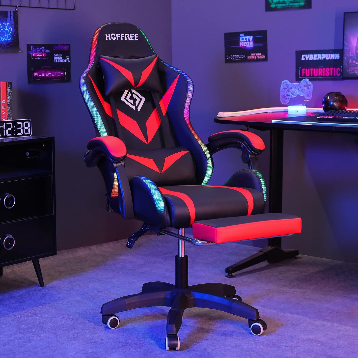Gaming Chair with Speakers and LED Lights Ergonomic Computer Chair with Massage and Footrest Reclining Video Game Chair for Adults with Adjustable Lumbar Support Red and Black