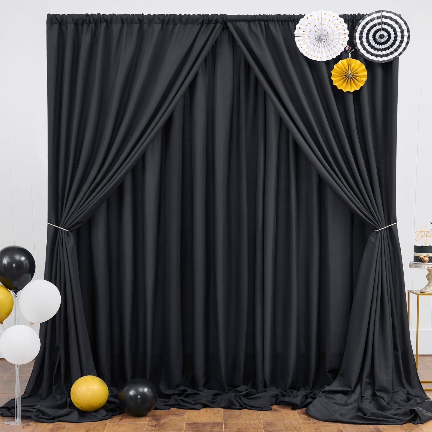 Htper 20ft x 10ft Black Backdrop Curtain Panels for Parties, Thick Wrinkle Resistant Polyester Wedding Backdrop Drapes for Birthday Photography Party Home Decorations
