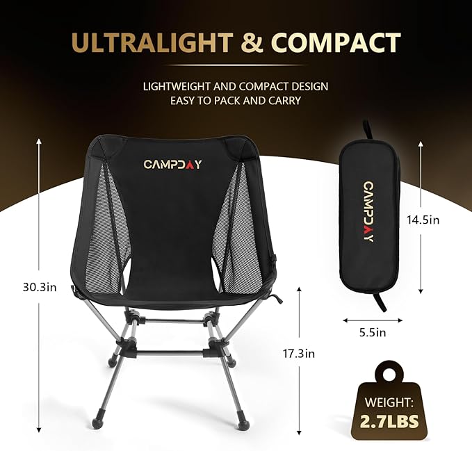 Campday Camping Chair Portable Hiking Ultralight Backpacking Small Lightweight Folding Chair for Outdoor Camp Hunting Beach Picnic Concert, Supports 330lbs (Black,1PCS)