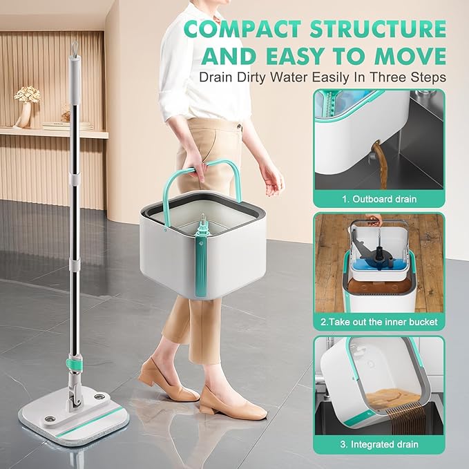 Upgraded Self-Standing Spin Mop and Bucket System, Detachable Inner Mop Bucket Separates Dirty Water & 90° Foldable Head, Triple-Scrub System, 0.9Gal Dual Drainage, for Hardwood Floors (Blue 2 Pads)