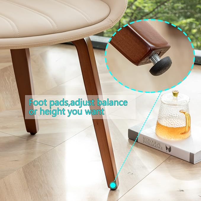 YOUUGIOR Mid Century Modern Faux Leather Upholstered Dining Chairs,Armless Accent Chairs with Sturdy Natural Wood Legs,Bamboo Backrest Support for Kitchen&Dining Room Chairs(Set of 4,Beige)