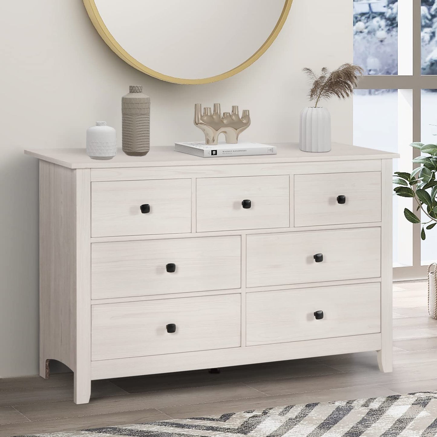 Vikiullf Dresser and Nightstand Set - 3 Pieces Bedroom Set with 7 Drawers Chest and 2 Drawer Night Stands, Wooden Storage Cabient for Bedroom, White Wood Grain