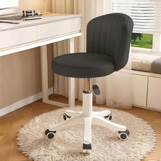 Small Round Rolling Desk Chair Armless Comfy Vanity Computer Chair with Low Backrest PU Leather Height Adjustable Swivel Work Spa Chair