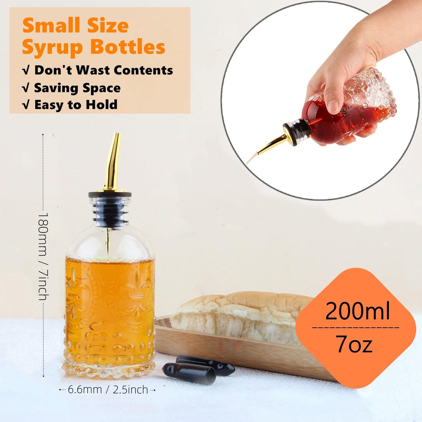 Shining Craft Simple Syrup Bottle, Glass Coffee Syrup Dispenser Bottle 7 OZ With Metal Pour Spout, Labels and Stopper, Glass Syrup Dispenser for Maple Honey Syrup Oil and Sauces, SC059