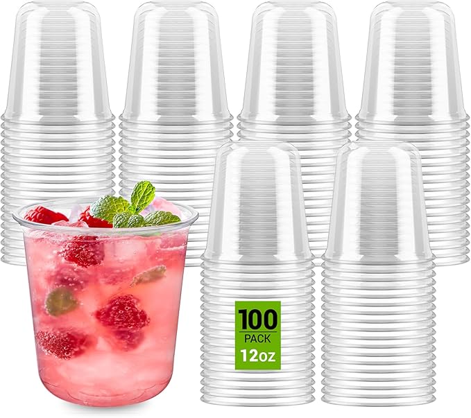 Soelomu 12 oz Disposable Stemless Wine Glasses, 100 Pcs Crystal Plastic Cocktail Cups Clear Classic Cold Drinking Party Gl...