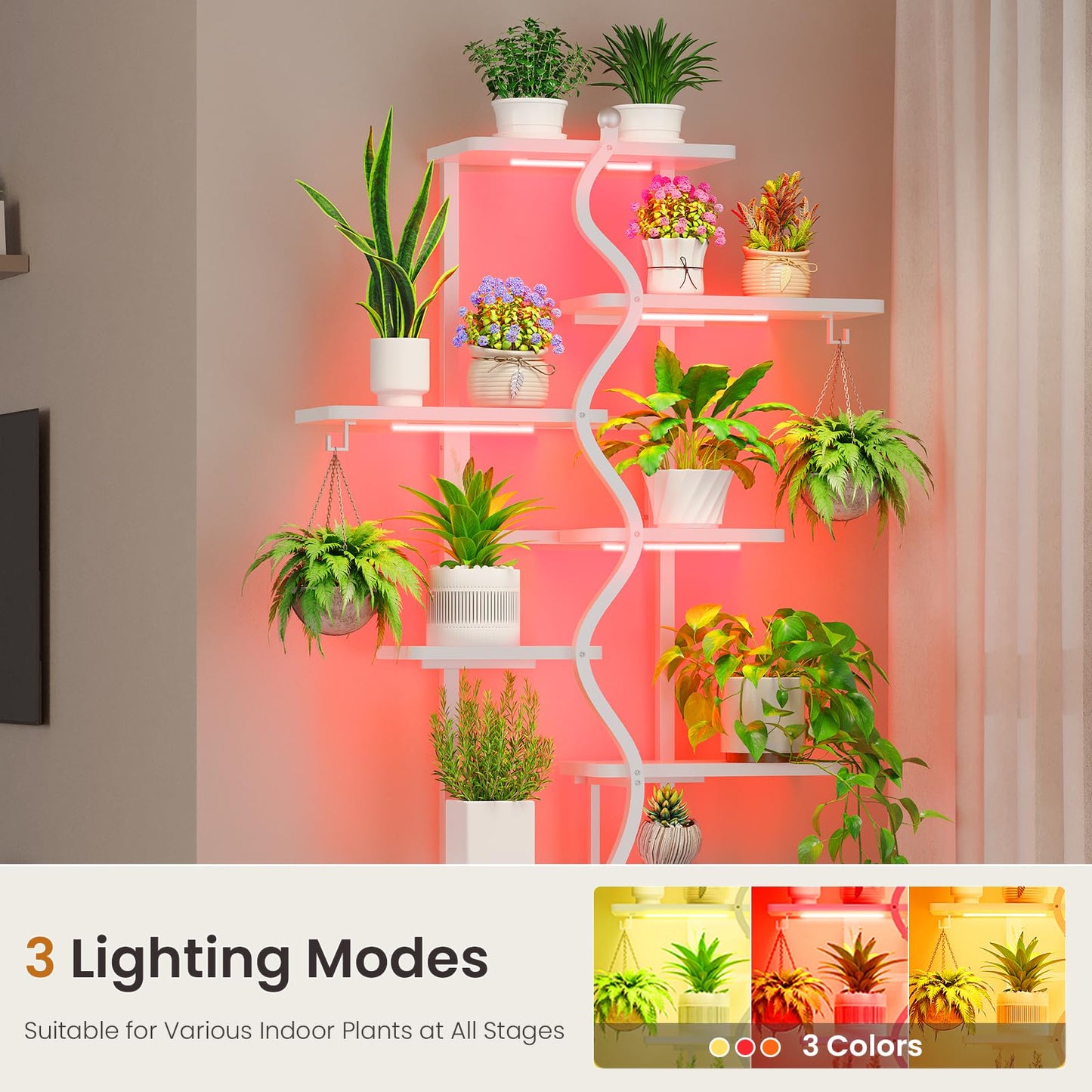 Itaar Plant Stand Indoor with Grow Lights, 9 Tiered Plant Shelf Indoor, 71" Tall Plant Stands with Wheels, S-Shaped Metal Plant Stand Display for Living Room, Patio(White)