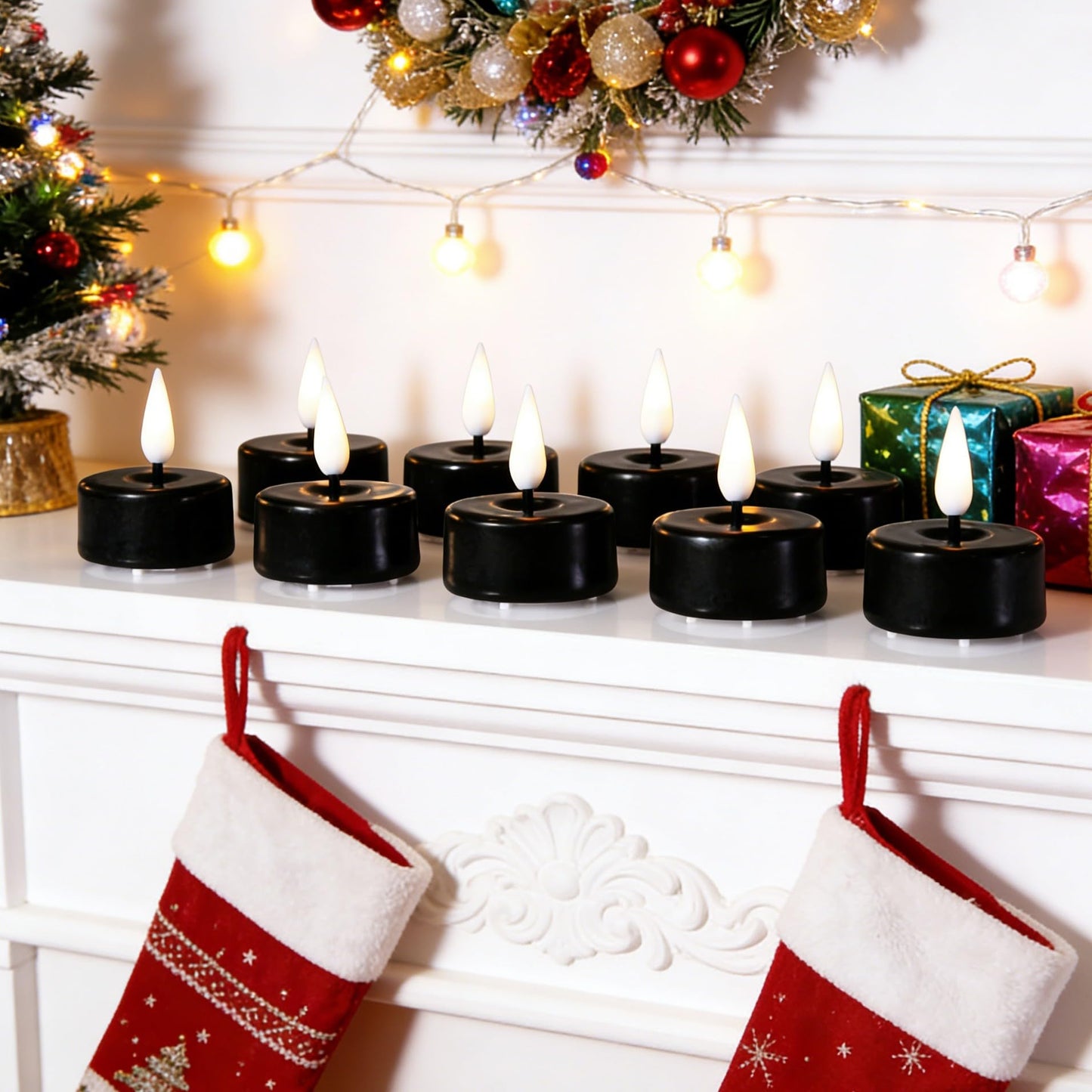 Eywamage Black Flameless Tealights with Remote Batteries, Real Wax Flickering LED Tea Votive Candles Set of 10