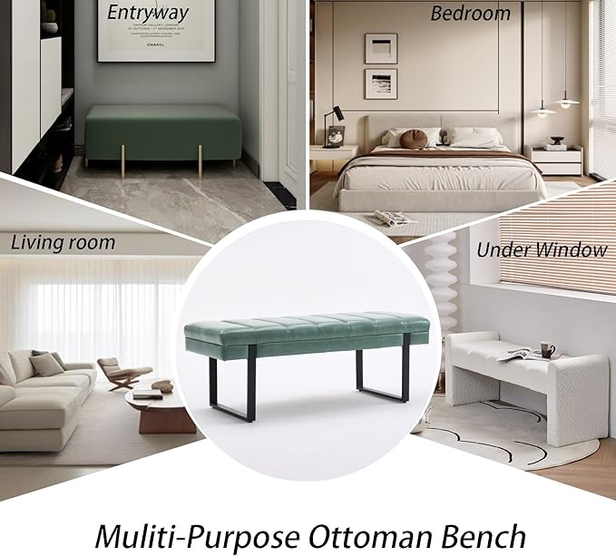 AIITTCC Faux Leather Bench 46.5" Ottoman Bench,Tufted Padded End of Bed Bench with Metal Legs, Upholstered Shoe Bench for Bedroom Living Room Entryway Window (Sage Green, 46" Wide)
