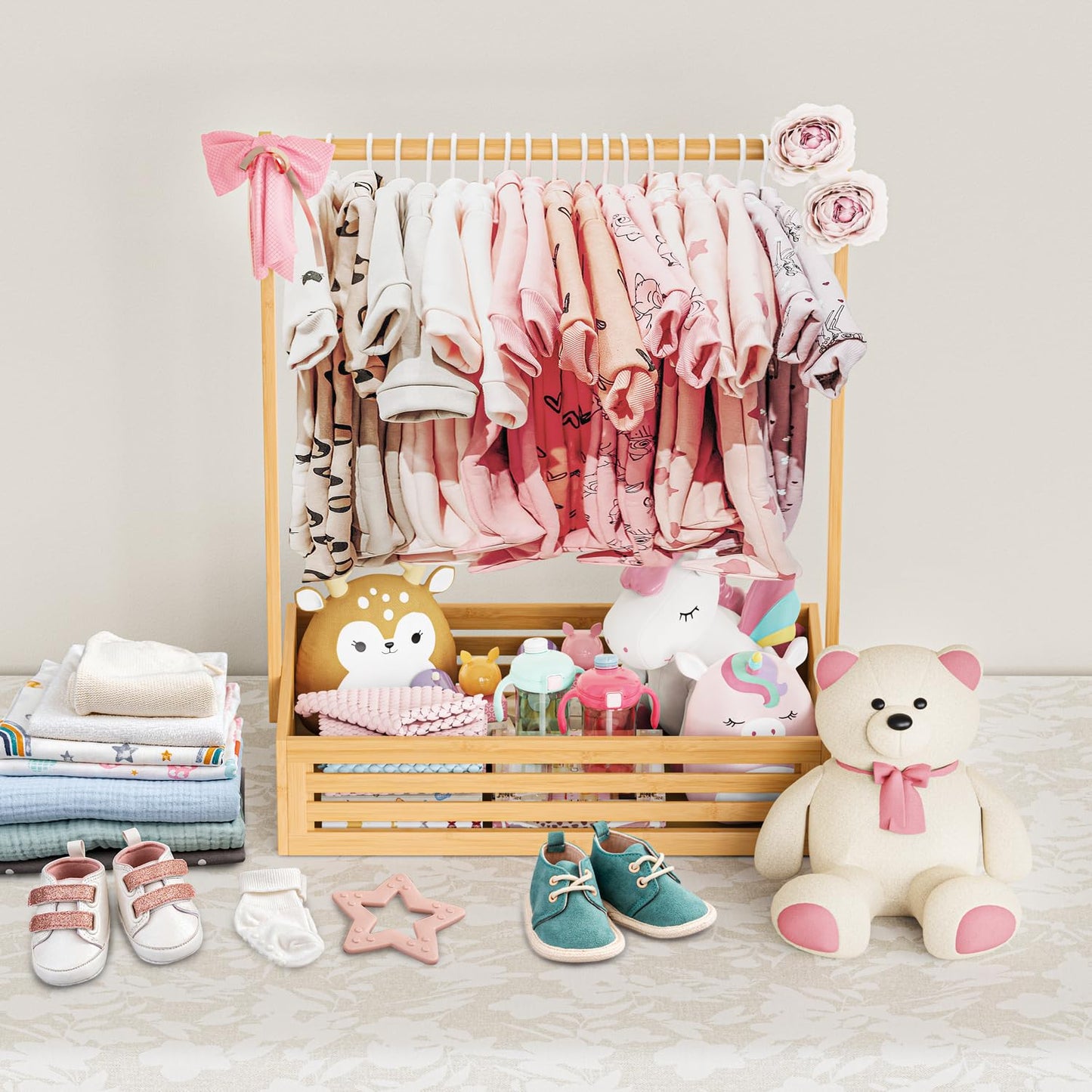 BAMBOOHOMIE Baby Clothing Rack for Toddler, Pets Clothes Rack with Storage Box & Adjustable Hanging Rod for Dogs/Cats, Baby Shower Clothes Closet Rack with Handle for Nursery Room, Natural Bamboo