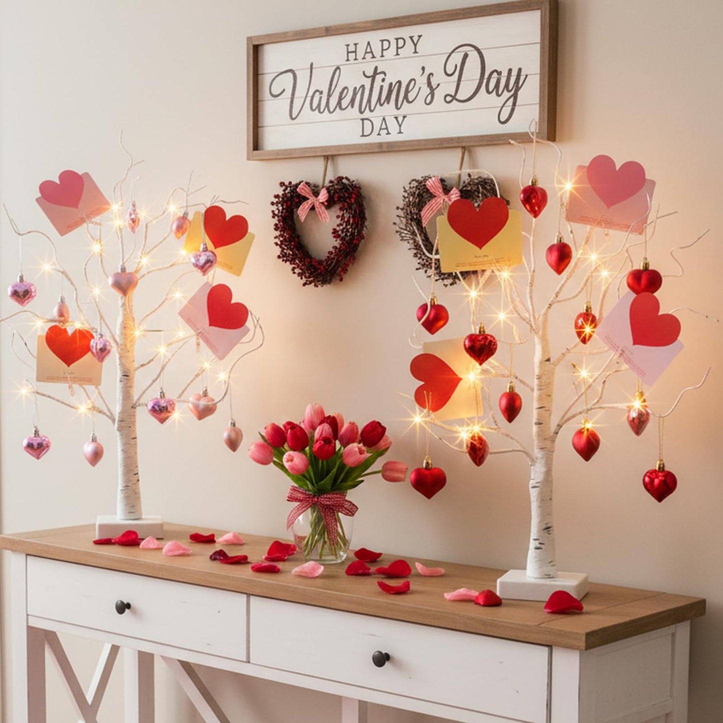 PEIDUO Valentine's Day Decorations, Set of 2 Gift Card Tree with 24 Hanging Heart Ornaments, for Home Indoor Bedroom Anniversary Wedding Party Decor, 6H/18H Timer